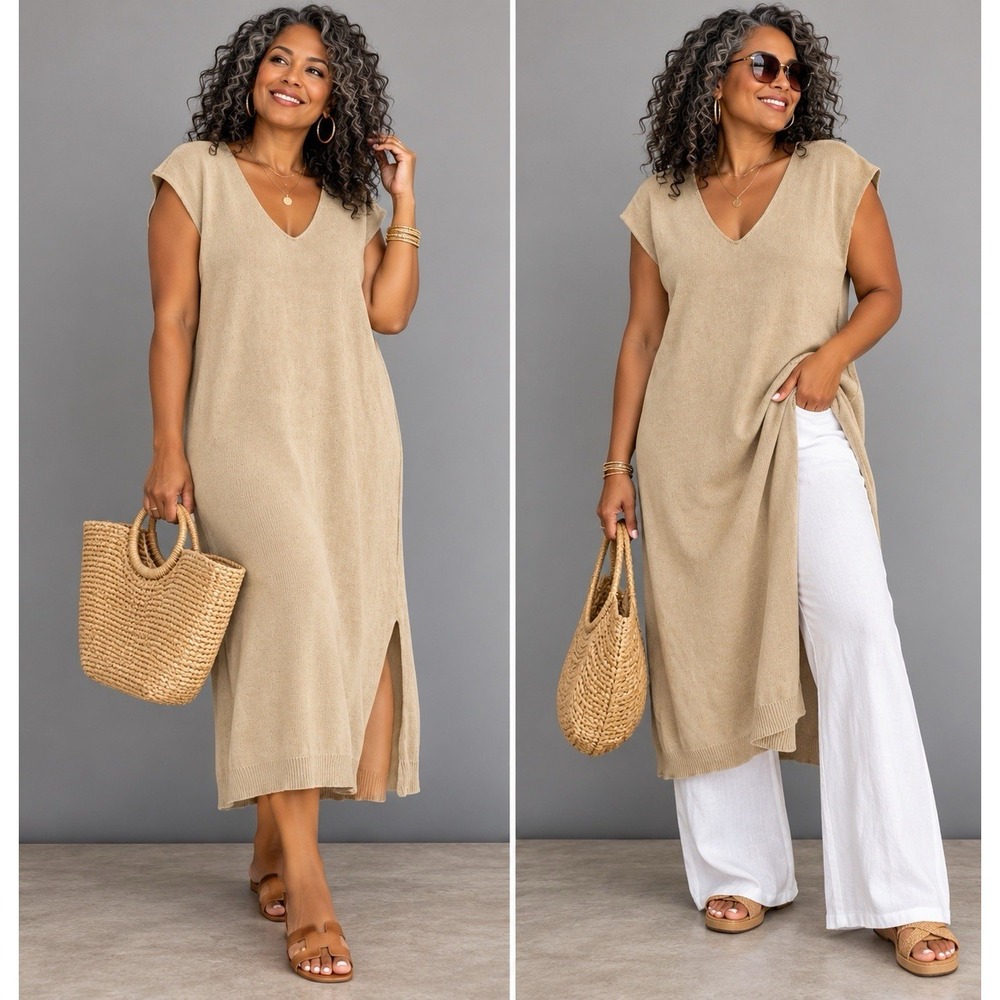 Indigo Luna Organic Cotton Knit Tunic Dress Beige V Neck One Size Bali